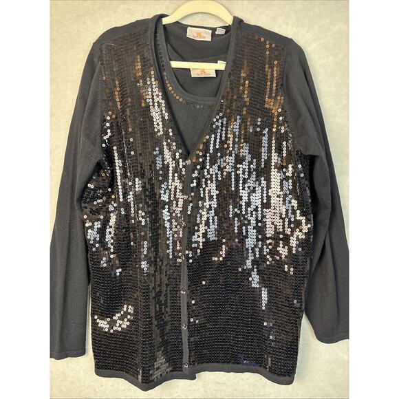 Quacker Factory Cardigan XL Black Sequin Embellished Open Front And Tank Stretch - Picture 1 of 3